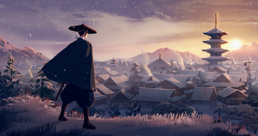 Samurai standing on hill looking down at a town with mountains in the background. 