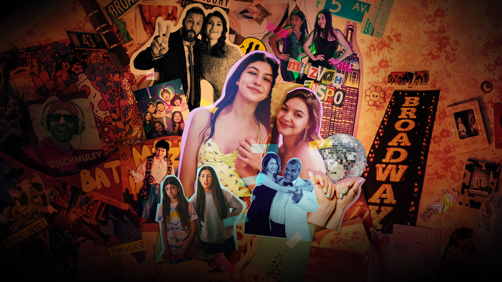 Two smiling teenage girls in colorful dresses stand together surrounded by a collage of photos, memorabilia, and decorations, including a disco ball and Broadway sign, creating a vibrant and celebratory atmosphere.
