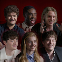 Gaten Matarazzo, Caleb McLaughlin, Jamie Campbell Bower, Noah Schnapp, Natalia Dyer, and Charlie Heaton behind the scenes of 'Stranger Things 5'