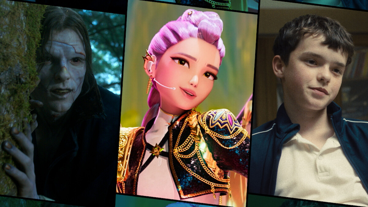 Three characters: a pale man hiding in a forest, a vibrant animated girl with pink hair in a sparkling outfit, and a boy in casual clothing; a mood of mystery and fantasy in a cinematic collage setting.