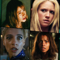 Four women in different settings, each with expressions of shock or fear. Top left is dimly lit, top right has bright lighting, bottom left is glittery and festive, bottom right is tense and disheveled, all highlighting intense emotions.