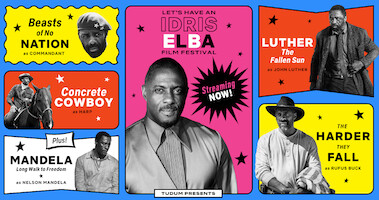 Image collage of Idris Elba movies including Beasts of No Nation, Concrete Cowboy, Luther: The Fallen Sun, The Harder They Fall and Mandela: Long Walk to Freedom.