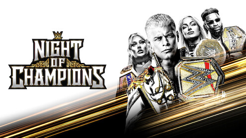 WWE Night of Champions promo featuring multiple wrestlers holding championship belts, with dynamic gold streaks and a bold event logo on a white and black background.