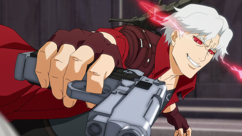 Animated character Dante with red eyes holding a gun in Devil May Cry. 