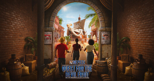 Three people walk through a brick archway toward a pirate ship in a lively tropical port, surrounded by barrels, crates, wanted posters, and palm trees, evoking adventure and excitement.