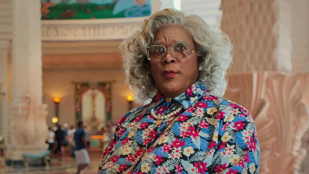 Madea's Destination Wedding. Tyler Perry as Madea in Madea's Destination Wedding. Cr. Quantrell Colbert/Perry Well Films 2/Courtesy Netflix