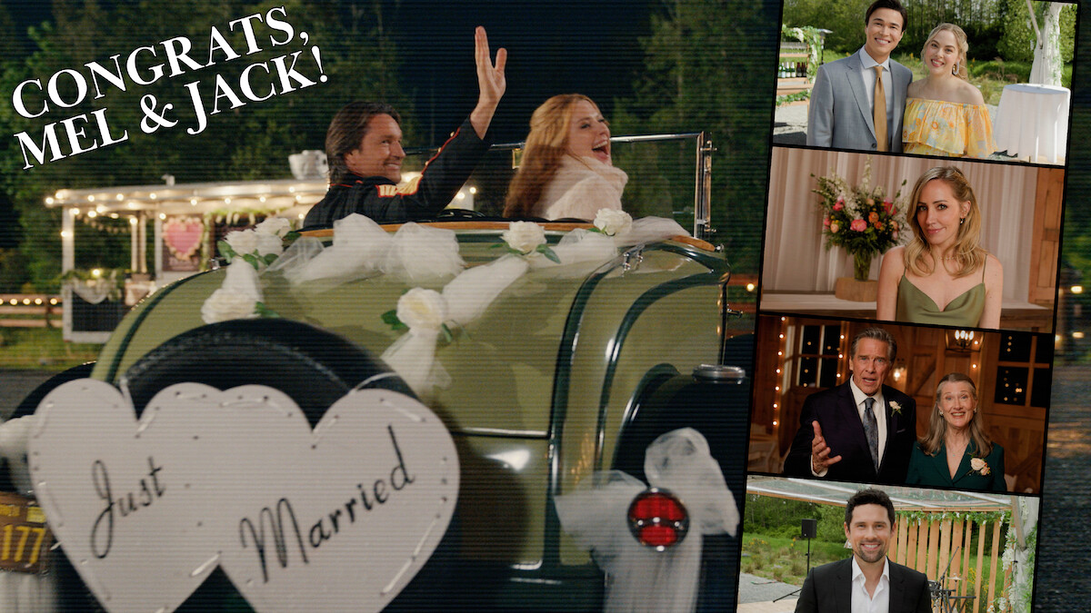 Mel (Alexandra Breckenridge) and Jack (Martin Henderson) driving away after their wedding reception. On the right, there's a film roll layout of different wedding guests including Denny, Lizzie, Brie, Doc, Hope, and Brady.