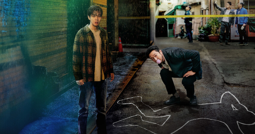 Choi Woo-shik as Lee Tang and Son Suk-ku as Jang Nan-gam stand together at a crime scene in Season 1 of 'A Killer Paradox'