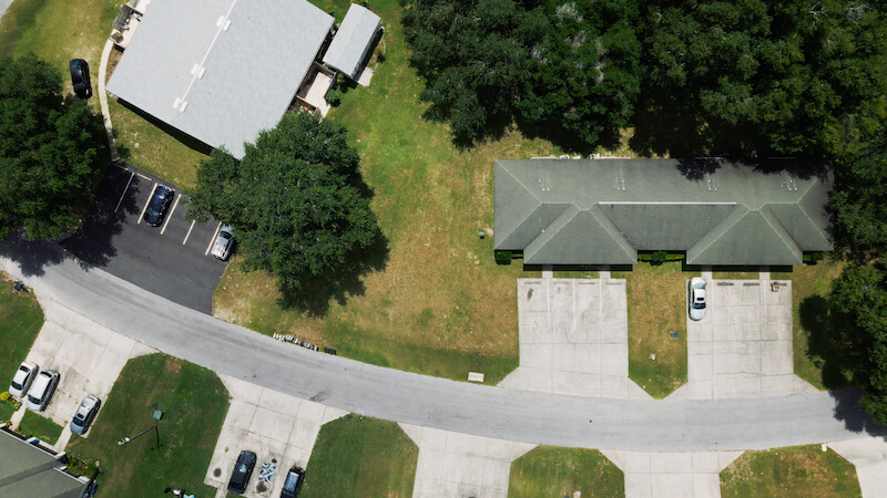 An aerial image from the film of the homes of Ajike "AJ" Owens and Susan Lorincz in suburban Ocala, Florida.