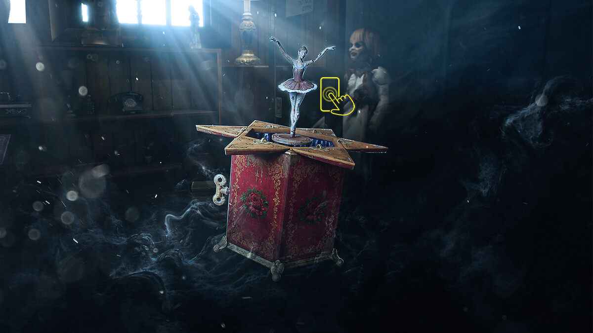 A ballerina figurine on a vintage music box in a dusty, dimly lit room with rays of light, an eerie figure in the background, and a mysterious atmosphere suggesting suspense or horror.