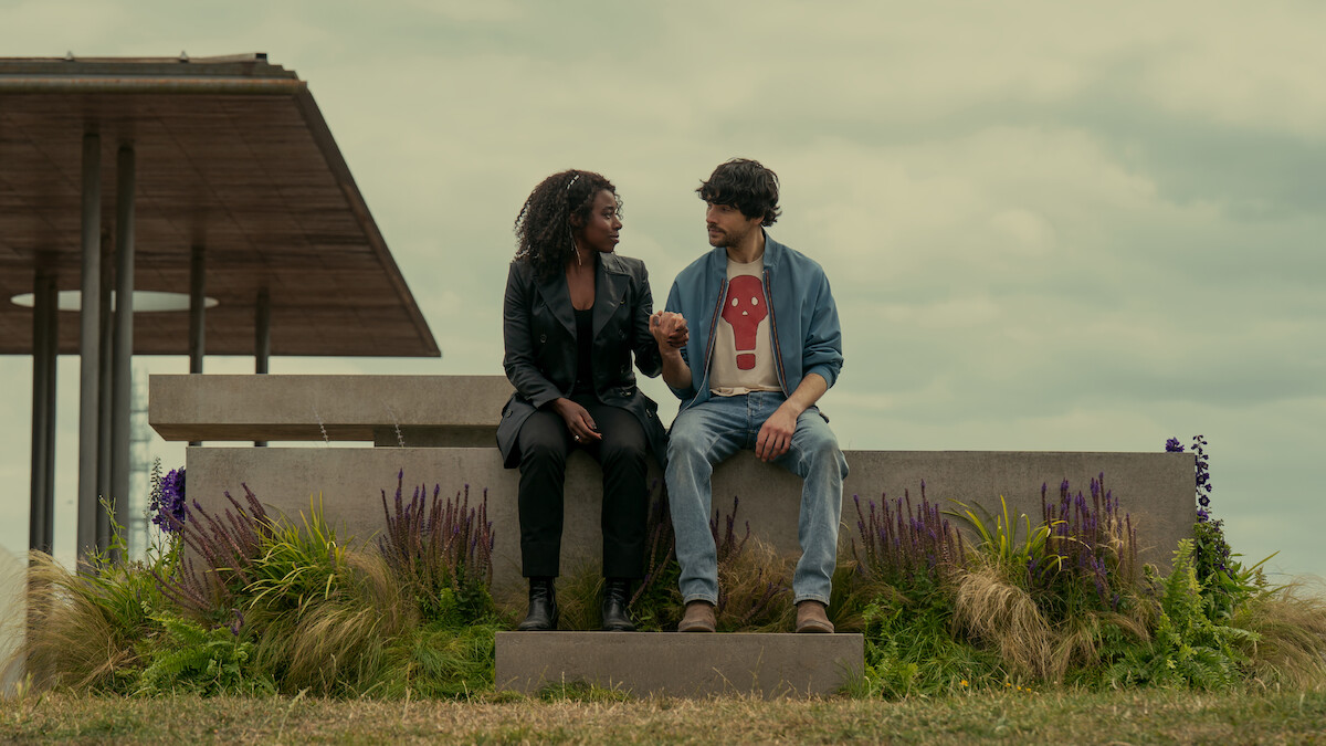Kirby Howell-Baptiste as Death and Colin Morgan as Sexton Furnival in 'The Sandman' Season 2.