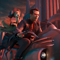 Animated man and alien character riding a vintage scooter through a futuristic city with tall buildings, dynamic sunset lighting, action and adventure atmosphere.