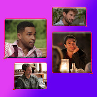 Collage of seven men with speech bubble borders