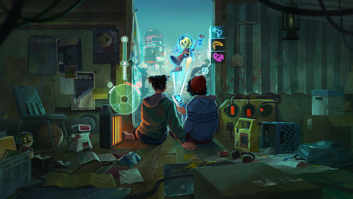 Two kids sit in a cluttered room, playing on a handheld console as a holographic Kid Cosmo and game interface project into a futuristic cityscape beyond an open doorway, blending reality with the game world.