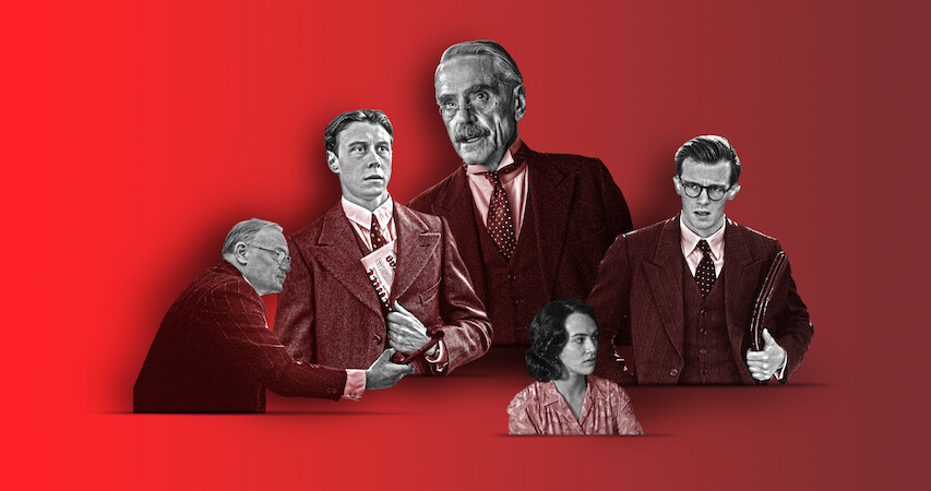 A collage illustration featuring the cast of 'Munich: The Edge of War'