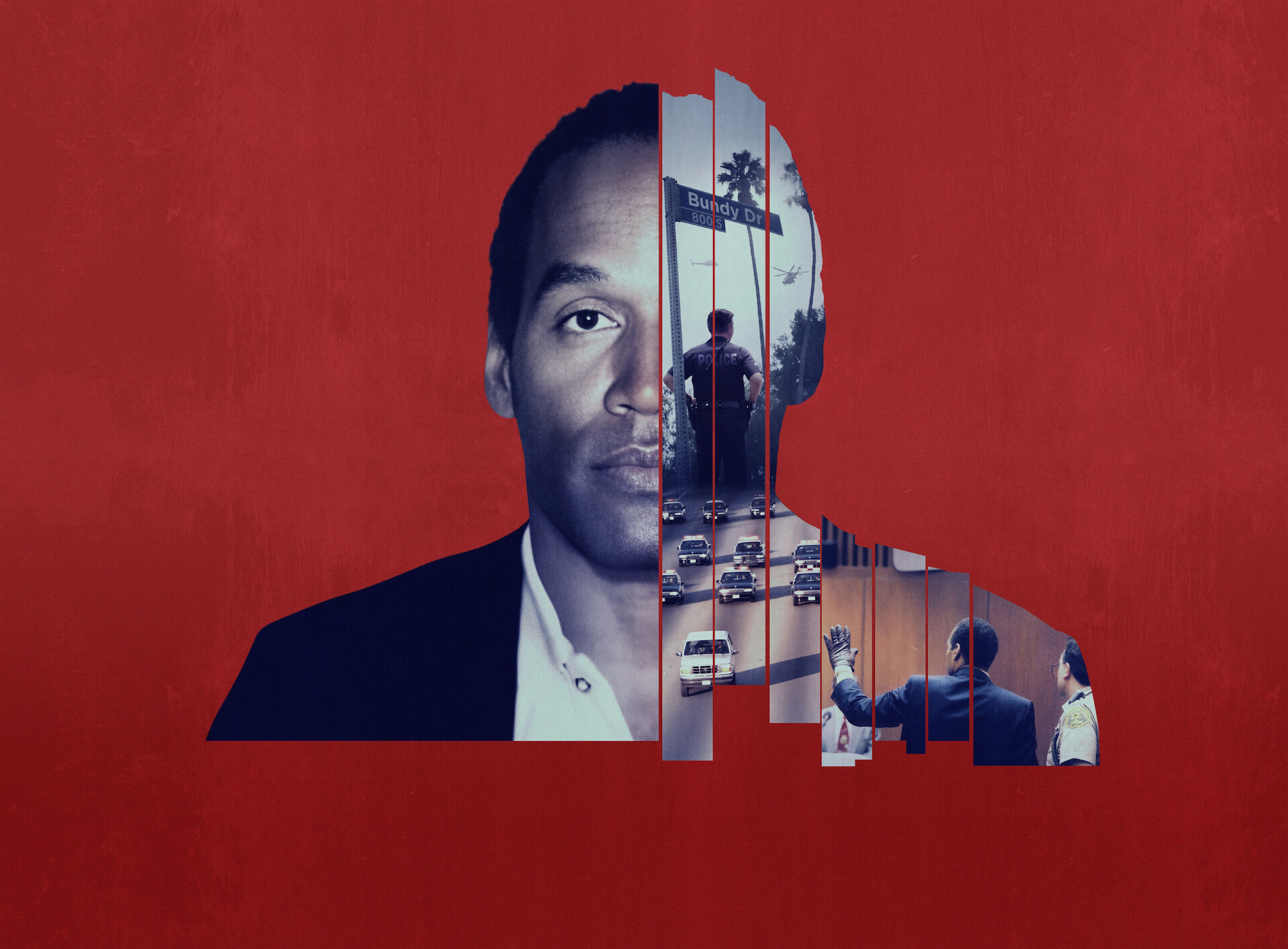 American Manhunt: O.J. Simpson Key Art - OJ with images from his attempted getaway superimposed over half his face