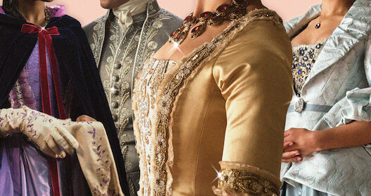 Close-up image of four costumes from Queen Charlotte