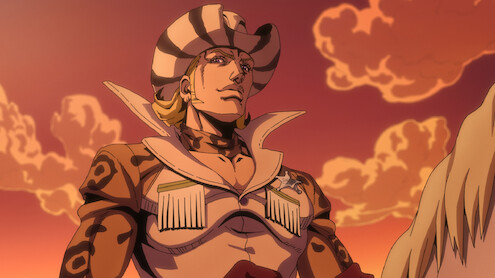 Anime character in a stylized cowboy outfit with a striped hat stands confidently outdoors at sunset, dramatic clouds in the background, giving a bold and adventurous atmosphere.