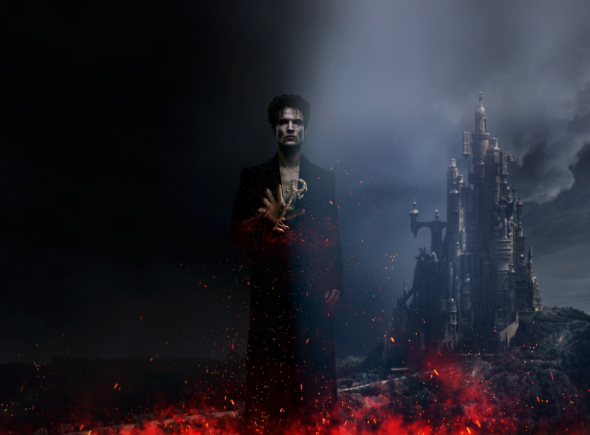The Sandman Season 2 key art - Dream standing in a darm room in front of a castle