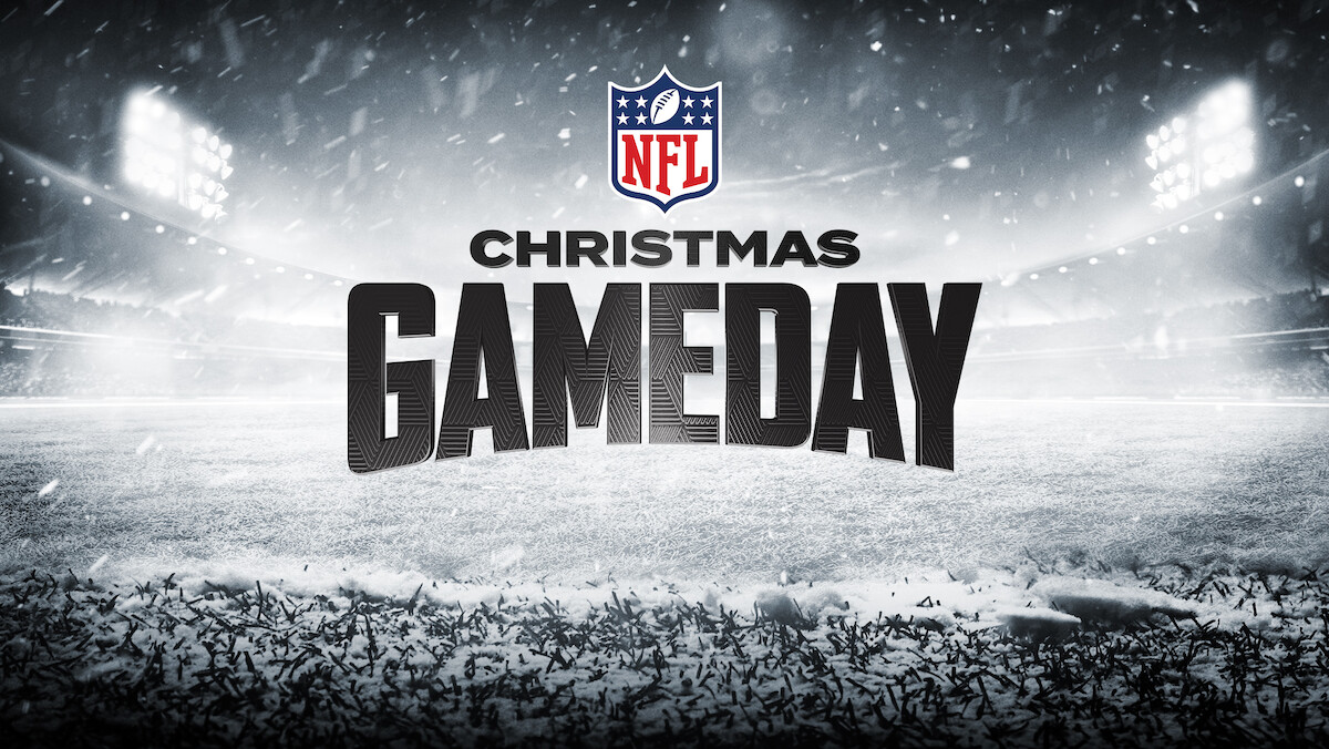 NFL Christmas Gameday graphic with snowy football field, stadium lights, and festive atmosphere promoting a holiday football event.