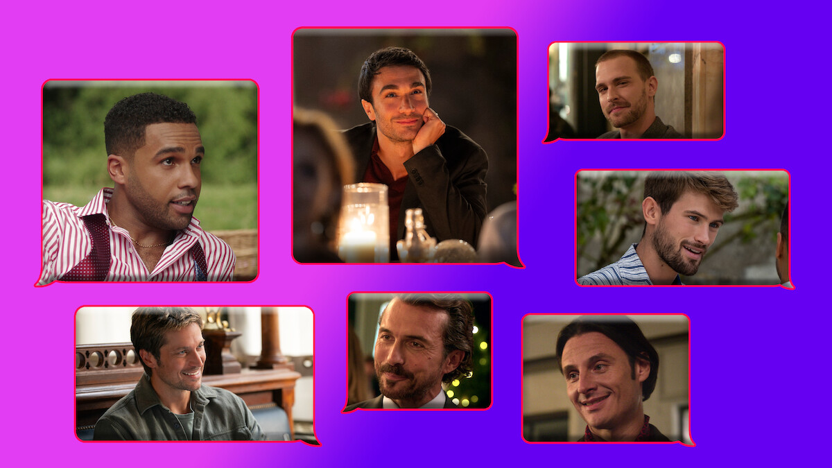 Collage of seven men with speech bubble borders