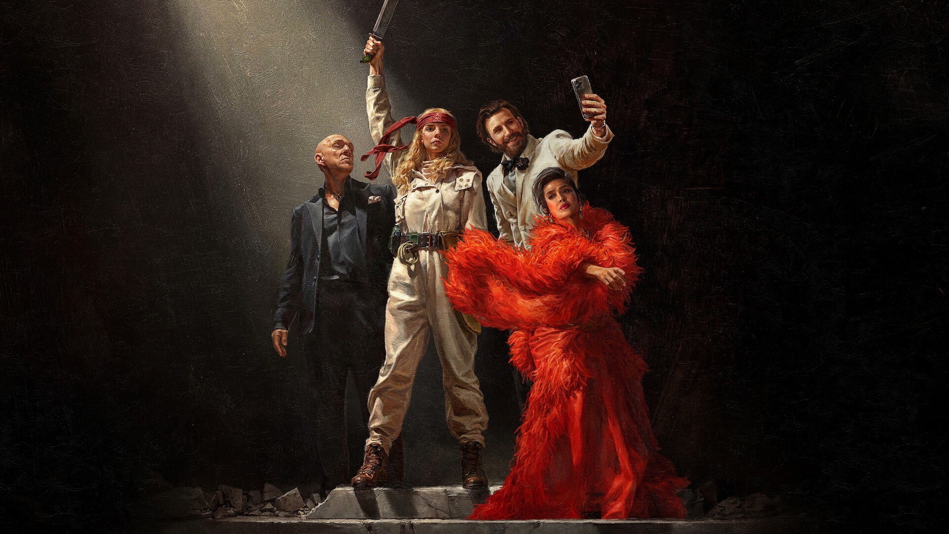 Four people pose dramatically under a spotlight: one in a suit, one dressed as a pirate with a sword, one holding a phone for a selfie, and one in a vibrant red feathered outfit, all standing on a stone platform in a dark setting.