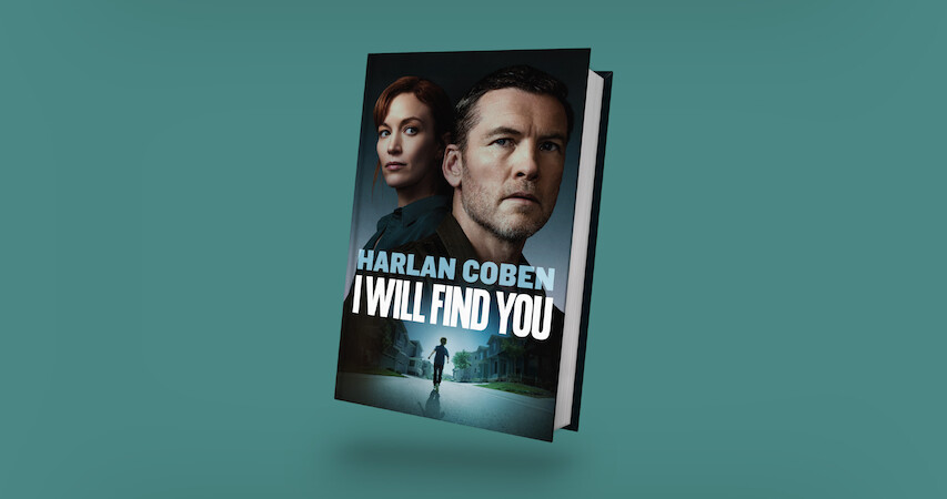 Book cover for "I Will Find You" by Harlan Coben featuring a man and woman’s faces over a suburban street scene with a solitary figure walking, set against a teal background.