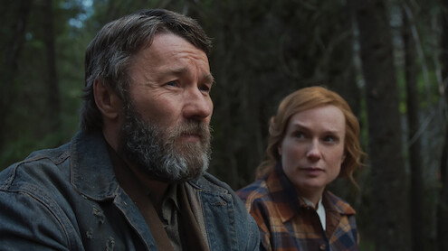 Joel Edgerton as Robert Grainier and Kerry Condon as Claire Thompson in 'Train Dreams'.