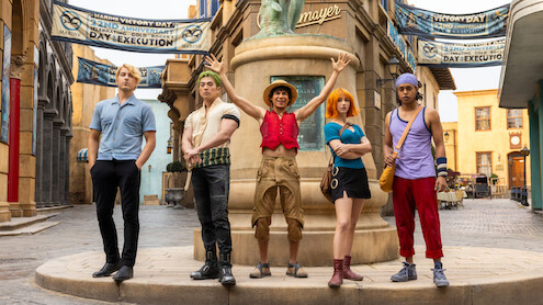Taz Skylar as Sanji, Mackenyu as Roronoa Zoro, Iñaki Godoy as Monkey D. Luffy, Emily Rudd as Nami, and Jacob Romero as Usopp in Season 2 of 'One Piece'
