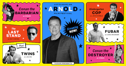Images of Arnold Schwarzenegger in various film roles throughout his career