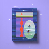Book with abstract ocean scene and two people in water, one with a surfboard, on a dreamy purple background with sparkles. The cover features vivid colors, a sunset, and stylized red figure shapes.
