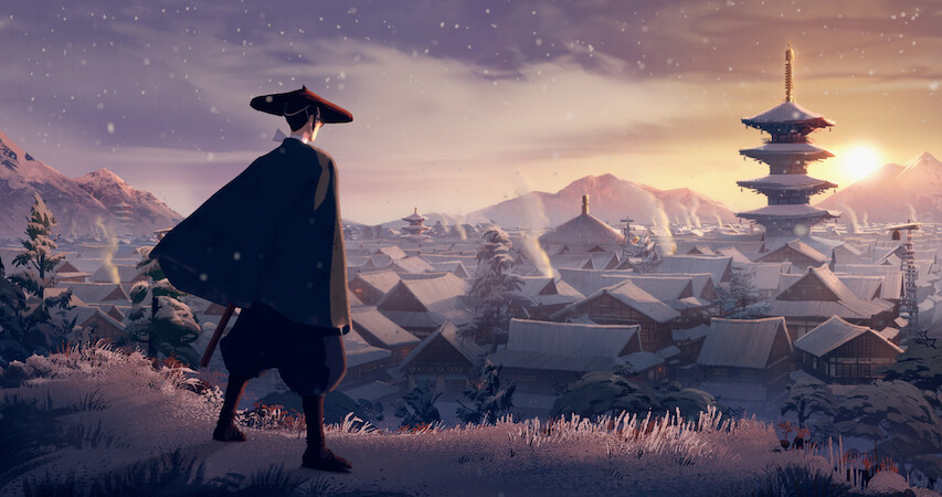 Samurai standing on hill looking down at a town with mountains in the background. 