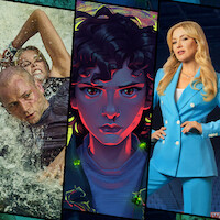 Side by side images of Charlize Theron and Taron Egerton in Apex, Eleven in Stranger Things: Tales from '85, and Kate Hudson in Running Point Season 2 