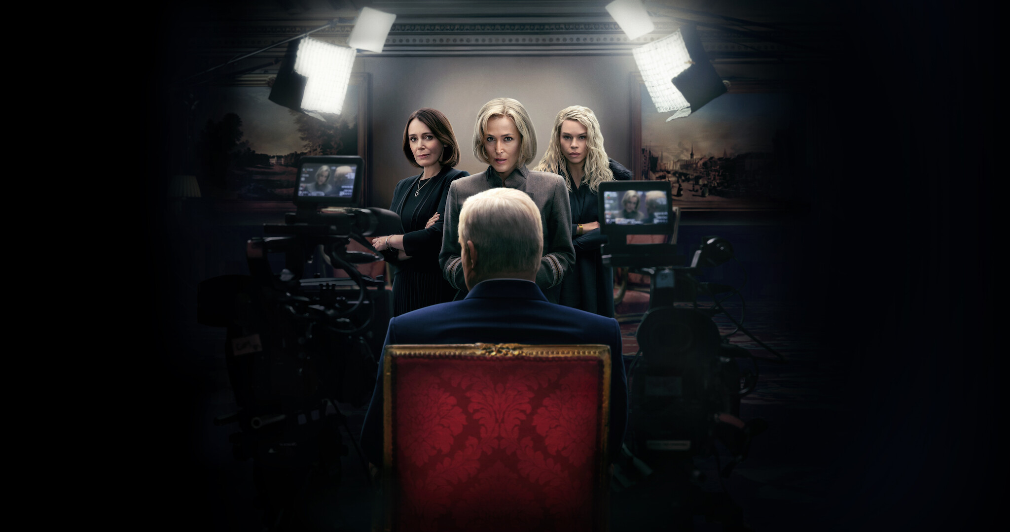 Scoop title page photo - a shot of Gillian Anderson, Billie Piper looking down on Prince Andrew
