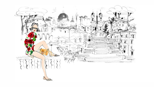 An illustration of Emily Cooper sitting on a carved stone ledge with the streets of Rome behind her, wearing the fabulous floral short and blouse set and fake Fendi Baguette purse that the marketing maven wore to meet the team at Fendi in Season 3 of Emily in Paris.
