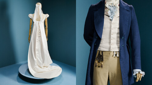 Sophie and Benedict's wedding day costumes