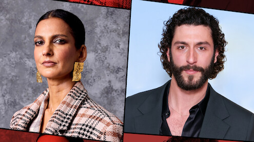 Two people, a woman in patterned clothing with gold earrings against a textured gray background and a man with curly hair and beard in a dark suit against a light blue background, shown in a split image portrait style.
