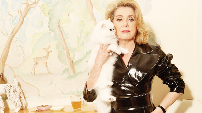 Woman in black leather outfit holding fluffy white cat, standing indoors by a painted wall with a deer mural, a table with tea, snacks, and decorative objects in a softly lit, stylish setting.