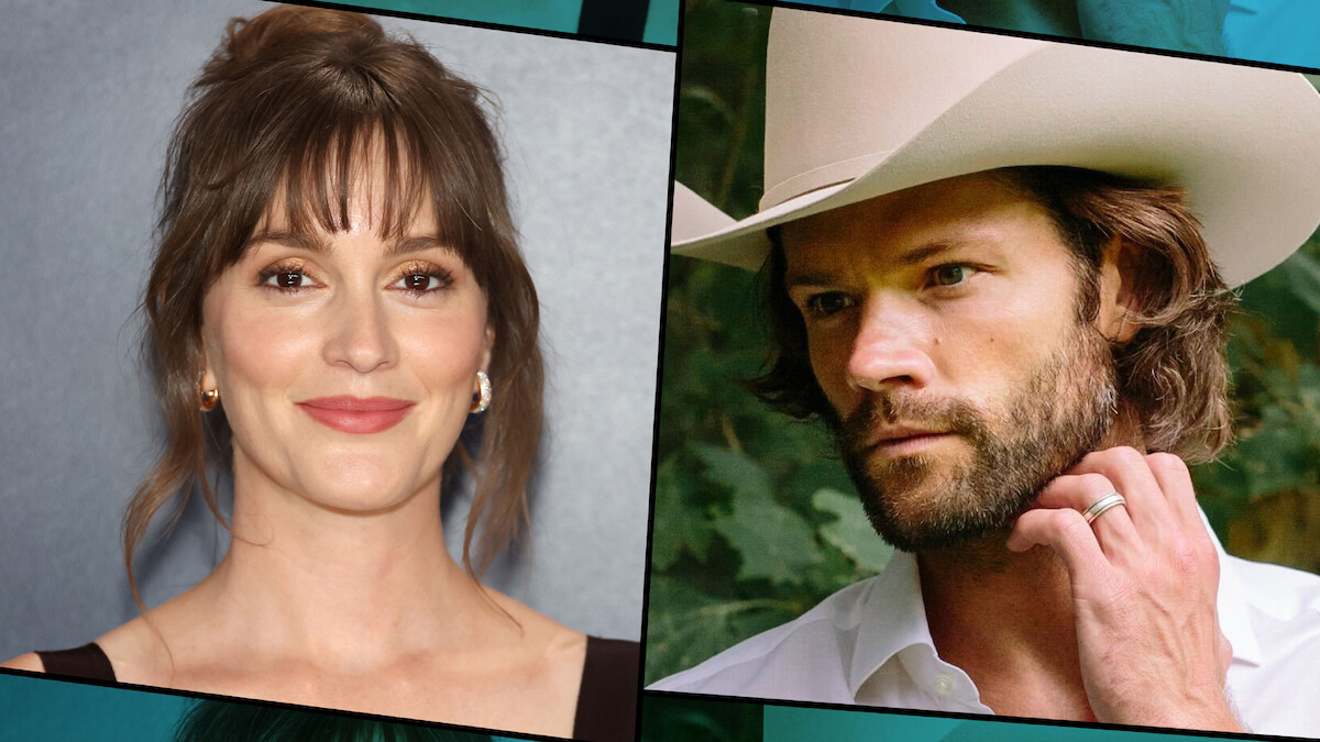A split image shows a smiling woman with brown hair and bangs in a studio setting, and a bearded man outdoors wearing a cowboy hat, looking thoughtful. The mood is calm and composed.
