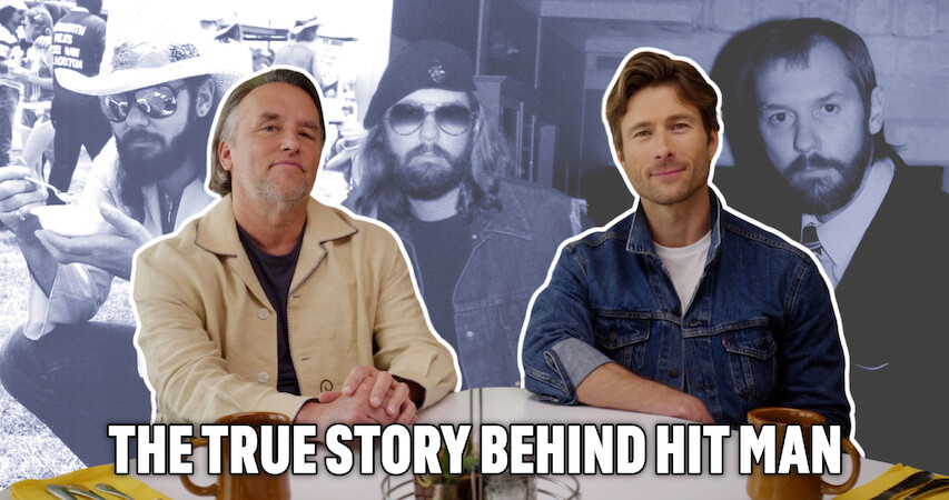 Richard Linklater, left, sitting at a diner table with Glen Powell. The backdrop is photos of the real Gary Johnson.