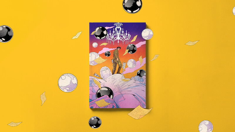 Surreal illustration of a person standing on clouds beneath a chandelier, with floating black-and-white spheres and scattered papers, set against a vibrant purple-orange sky on a yellow background.