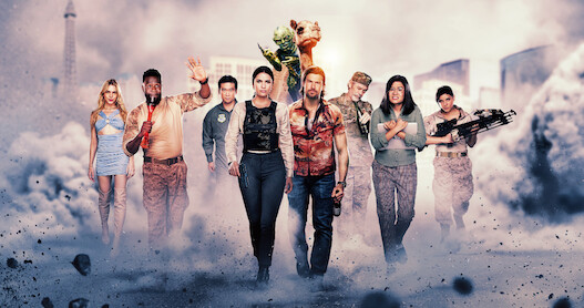 The cast of Season 1 of 'Obliterated' walks through a cloud of smoke in Las Vegas