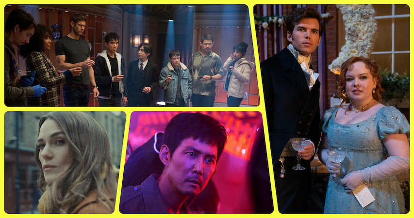 New Shows on Netflix illustration with the cast of the Umbrella Academy, Keira Knightley, Lee Jung-jae, Luke Newton and Nicola Coughlan