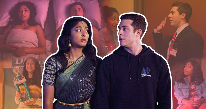 Characters Devi and Ben stare at each other, their image is juxtaposed against a collage of moments from their relationship