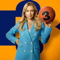 Woman in a blue blazer holds a basketball marked with the number 3, standing confidently in front of a yellow and navy blue graphic background.