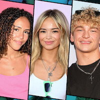 Three teenagers posing separately against colorful backgrounds, each smiling for the camera in a studio or event setting. The environment is bright and casual, suggesting a fun or social occasion.