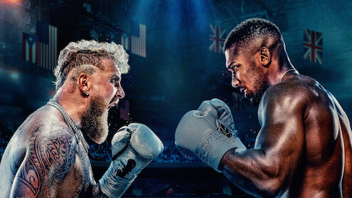 Jake Paul and Anthony Joshua face off shirtless in a dramatic, intense promotional poster with their country flags in the background