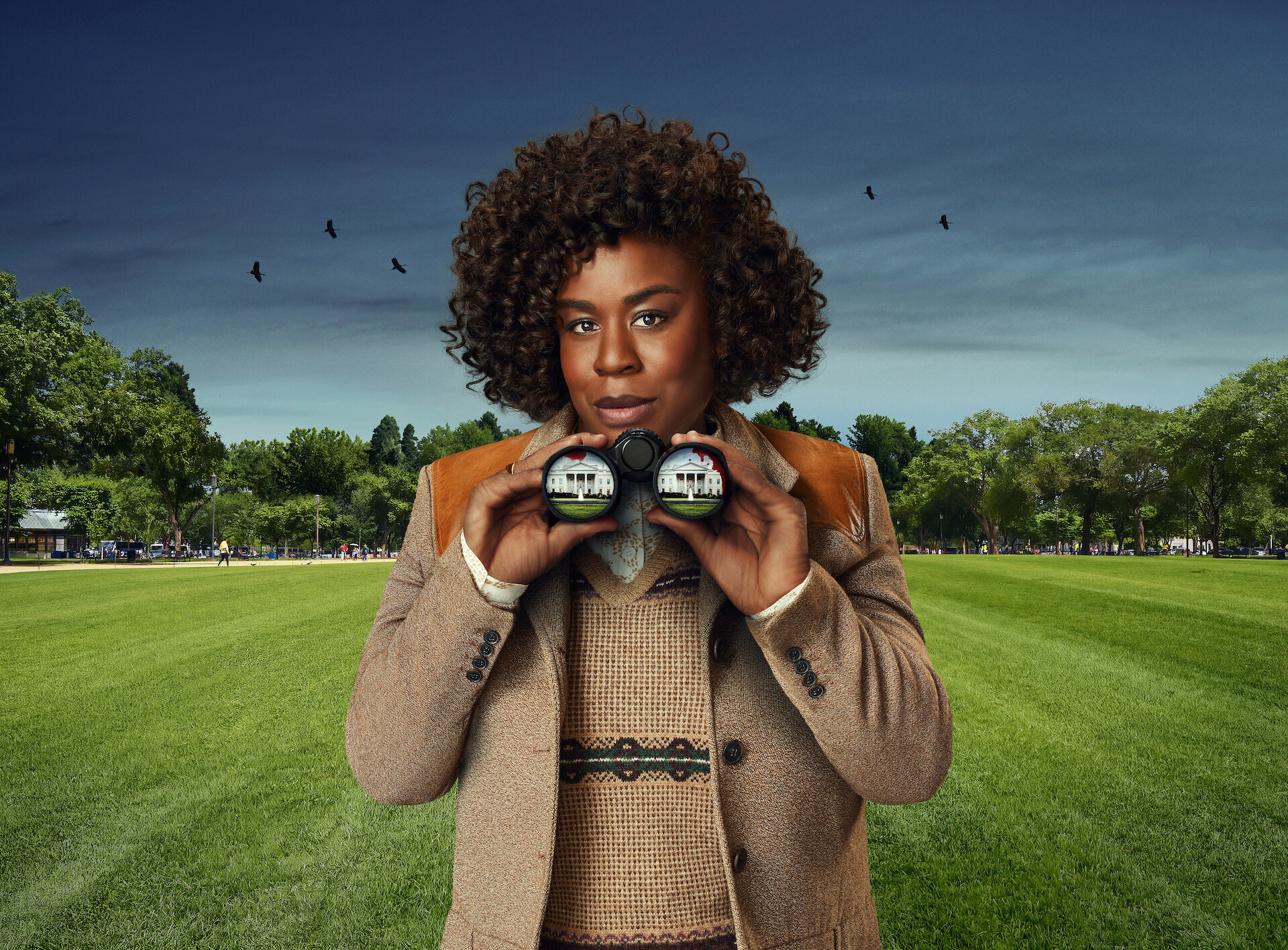 The Residence key art -  Uzo Aduba holding a pair of binoculars that are reflecting an image of the White House