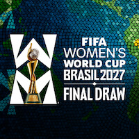 FIFA Women’s World Cup Brasil 2027 Final Draw promotional graphic featuring the trophy on a colorful mosaic background with white bold text and stylized “W” elements.