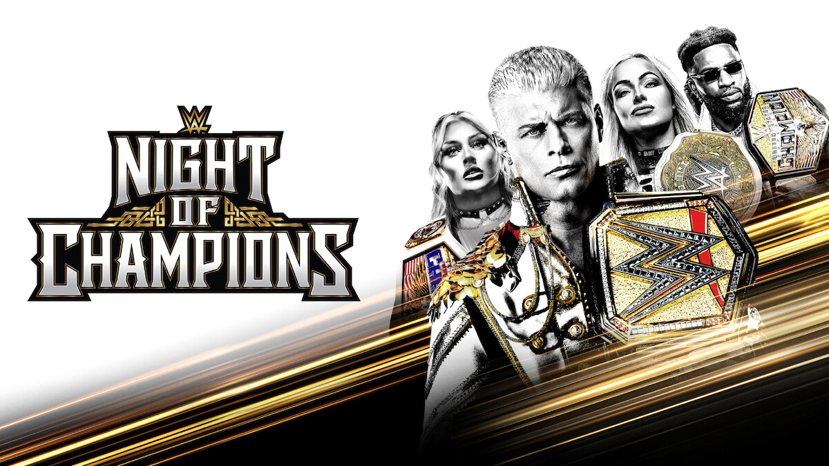WWE Night of Champions promo featuring multiple wrestlers holding championship belts, with dynamic gold streaks and a bold event logo on a white and black background.